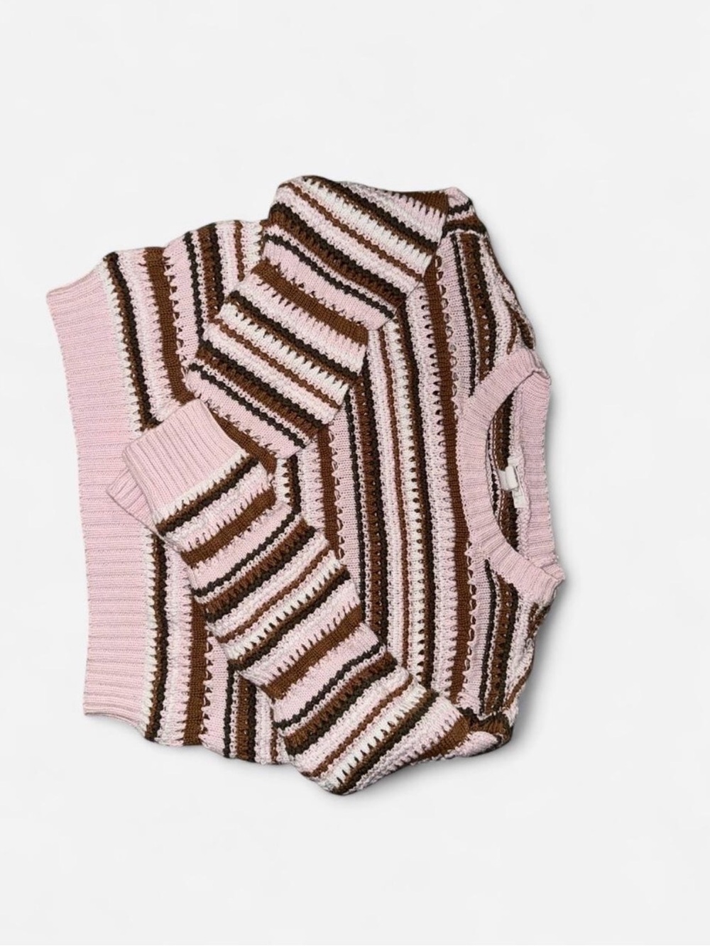 Full Tilt Girls Large Pink Brown Striped Open Knit Sweater 100% Cotton